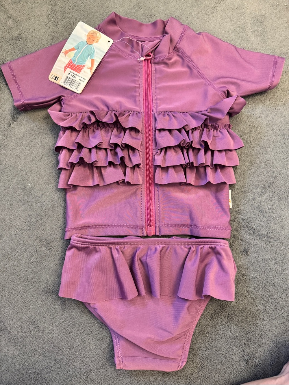 Brand New Ruffle Rash Guard Two-Piece Swim Set - Purple